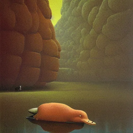 Image similar to platypus on vacation landscape painting by Zdzisław Beksiński