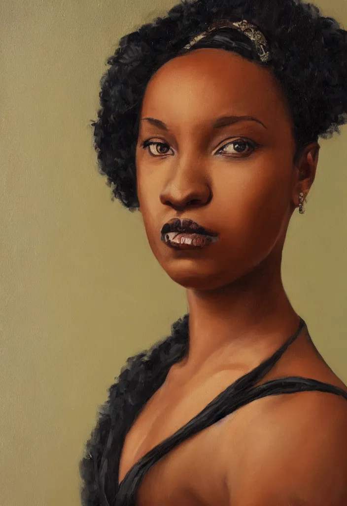 Prompt: a front portrait of a black woman in victorian attire oil on canvas, trending on artstation, digital art.