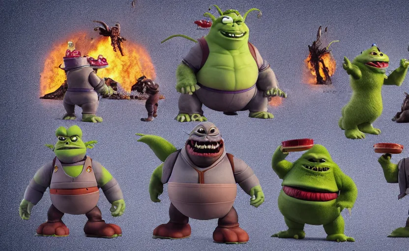 Image similar to pizza godzilla yoda donkey kong pikachu yeti shrek super robot homer groot waluigi darth vader mike wazowski, highly detailed, extremely high quality, hd, 4 k, 8 k, professional photographer, 4 0 mp, lifelike, top - rated, award winning, cinematic, realistic, detailed lighting, detailed shadows, sharp, no blur, edited, corrected, trending