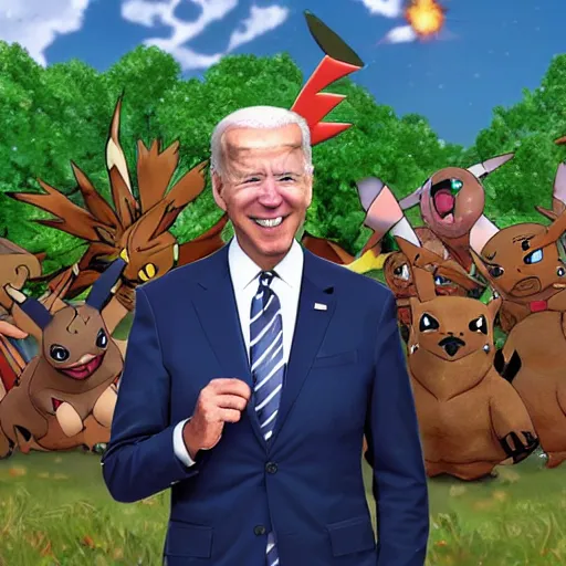 Image similar to joe biden as a pokemon trainer, he has legendary pokemon, cinematic, award winning composite photography