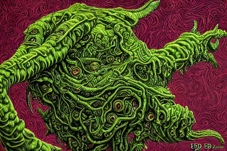 Prompt: lovecraftian eldritch monster made of limes by ed binkley. 8 k intricate details hypermaximalist 2 d