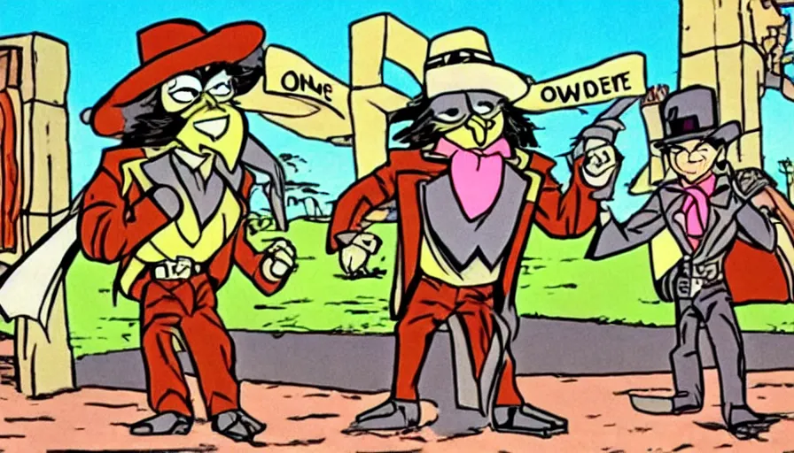 Image similar to saturday morning cartoon shot of an owl dressed as the lone ranger, screenshot from 1990s animated show