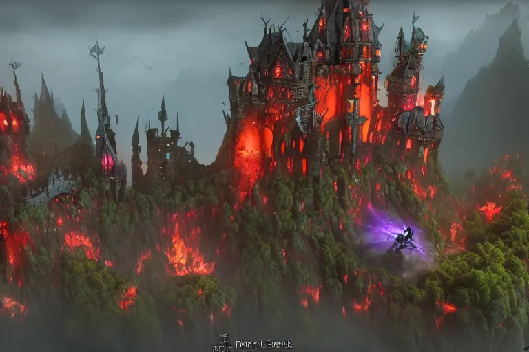 Image similar to big evil fairy castle - city rock dark shadow elves, might and magic heroes 7, dark fantasy, shadows, artstation trending, unreal engine 5, red