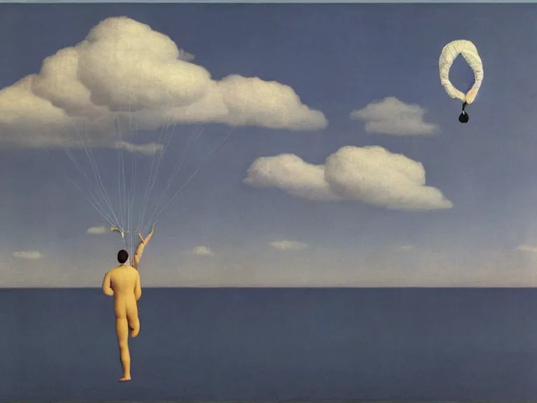 Image similar to man parachuting on a small island in the middle of a big lake painting by rene magritte, high detail, high resolution