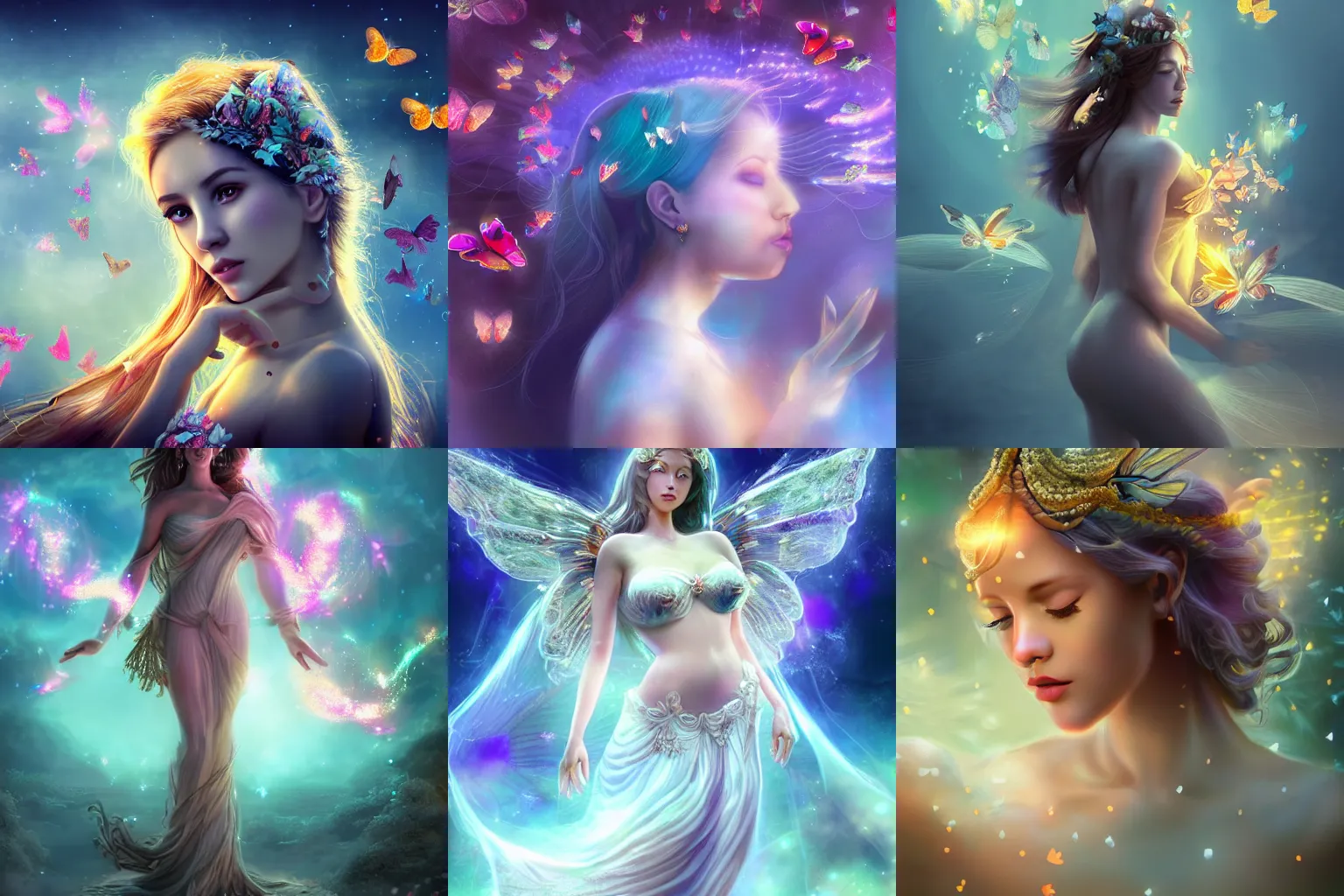 Prompt: a beautiful female goddess of the butterflies character, character is in all its glory, character is in her natural relaxed pose, rim lights, particles and dust in the air, fancy clouds, highly detailed professional photo, dynamic lights, particles are flying, depth of field, trending on artstation, professional illustration, hyper realistic, vray caustics, super detailed, colorful accents, cinematic shot