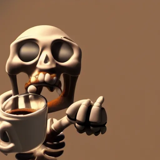 Image similar to 3d render pixar cartoon skeleton drinking a cup of coffee hd octane render