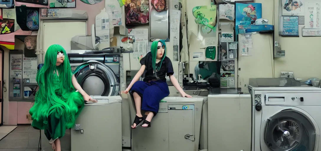 Image similar to a girl with green hair sitting on top of a washing machine inside of a laundromat by Hayao Miyazaki, anime style