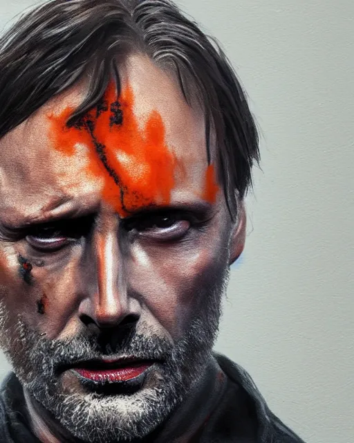 Image similar to mads mikkelson as clifford unger from death stranding, mysterious portrait, oil painting, orange fill light