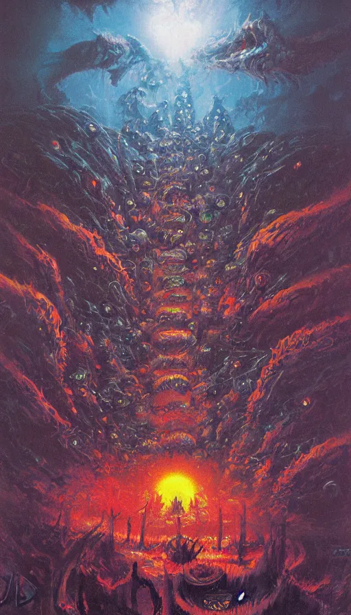 Image similar to a storm vortex made of many demonic eyes and teeth, by paul lehr,