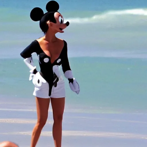 Image similar to Mickey Mouse staring at Kate Beckinsale on the beach, she is annoyed,