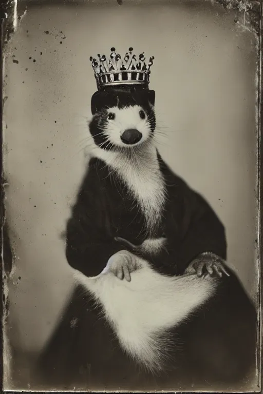 Image similar to a wet plate photo of a ferret king, wearing a crown, wearing a robe