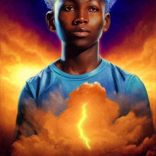 Image similar to upper half portrait of an african boy inside a group of clouds - surrounded by bolts of lightning with rays of light emanating from clouds - in drew struzan movie poster style, art by drew struzan, highly detailed, digital painting, ray tracing, illustration, smooth, sharp focus, intricate, symmetry, artstation,