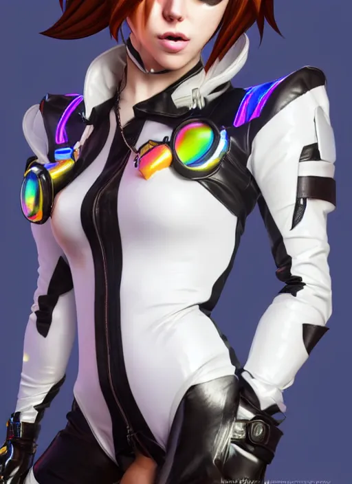 Image similar to portrait bust digital artwork of tracer overwatch, wearing white iridescent rainbow latex and leather straps catsuit outfit, 4 k, expressive happy smug expression, makeup, in style of mark arian, angel wings, wearing detailed black leather collar, chains, black leather harness, detailed face and eyes,