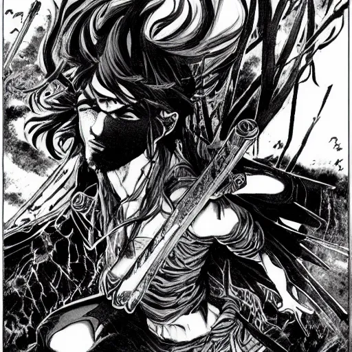 Image similar to pen and ink!!!! attractive 22 year old Gantz monochrome!!!! Frank Zappa x Daniel Radcliff highly detailed manga Vagabond!!!! telepathic floating magic swordsman!!!! glides through a beautiful!!!!!!! battlefield magic the gathering dramatic esoteric!!!!!! pen and ink!!!!! illustrated in high detail!!!!!!!! graphic novel!!!!!!!!! by Juan Francisco Casas and Hiroya Oku!!!!!!!!! MTG!!! award winning!!!! full closeup portrait!!!!! action manga panel