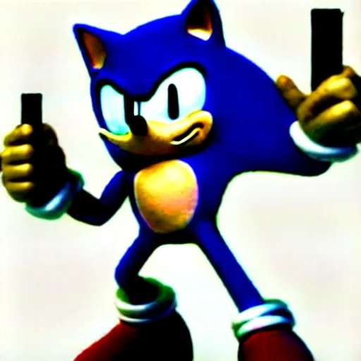 Prompt: movie sonic holding a pistol in a white background