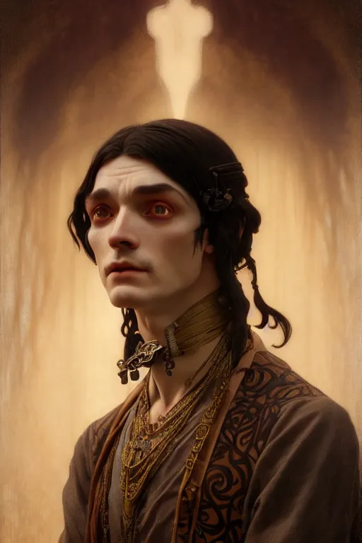 Image similar to ultra realistic, thin man in peasant clothes, black hair, brown eyes, occult jewelry, fantasy, intricate details, eerie, highly detailed, octane render, 8 k, art by artgerm and alphonse mucha and greg rutkowski