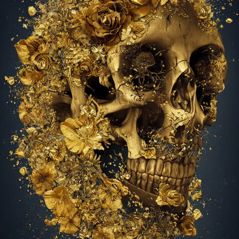 Image similar to A beautiful oil painting hyperrealism of a decayed black head, rotting black clay skin, skull bones, gold flowers, gold floral headdress, 8k resolution, octane render, Trending on artstation, by Gediminas Pranckevicius, volumetric light 2blue fractal Thunder glow by dan mumford, anaglyph effect, Laurie Lipton