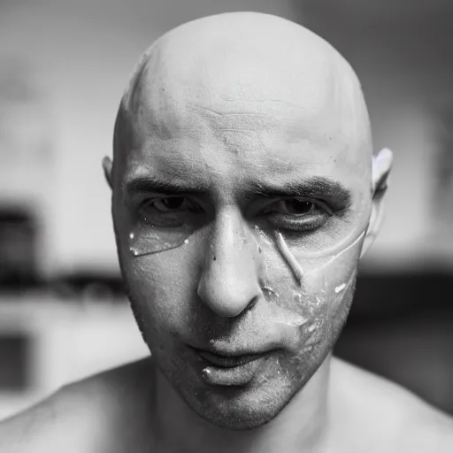 Image similar to close up photo of a bald crimean man with yoghurt on his face