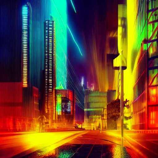 Prompt: neon cityscape during a lightning storm, colorful, neon lights, futuristic, 8k, dramatic lighting, realistic, professional, concept art, artstation hd, trending on social media,