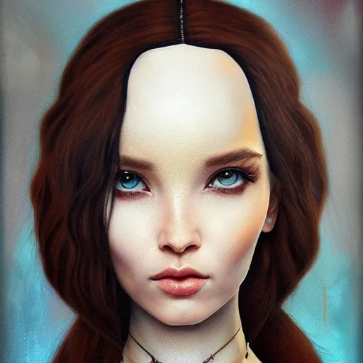 Prompt: tom bagshaw artstyle soft painting character concept centered portrait, long straight hair, tan - looking, beautiful genetic dollpunk cyberpunk mix of dove cameron madison beer bella poarch in a long dress, professionally retouched, identical gazing eyes, insanely detailed, partial symmetrical accurate intricate features, focus, behance deviant art, 8 k masterpiece, tom bagshaw