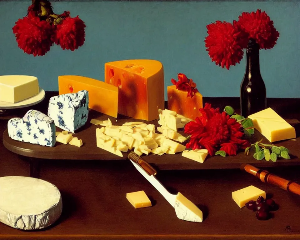 Image similar to an achingly beautiful still life featuring blooming flowers, cheese, and red wine by Raphael, Hopper, and Rene Magritte. detailed, romantic, studio lighting, enchanting, trending on artstation.