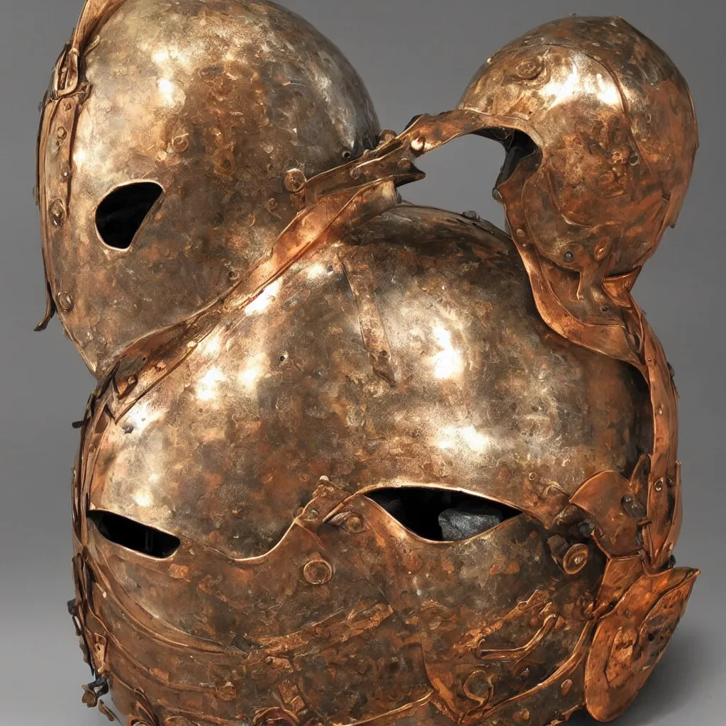 Image similar to a real knight's helmet that is made of copper and gold, beautiful sculpted details