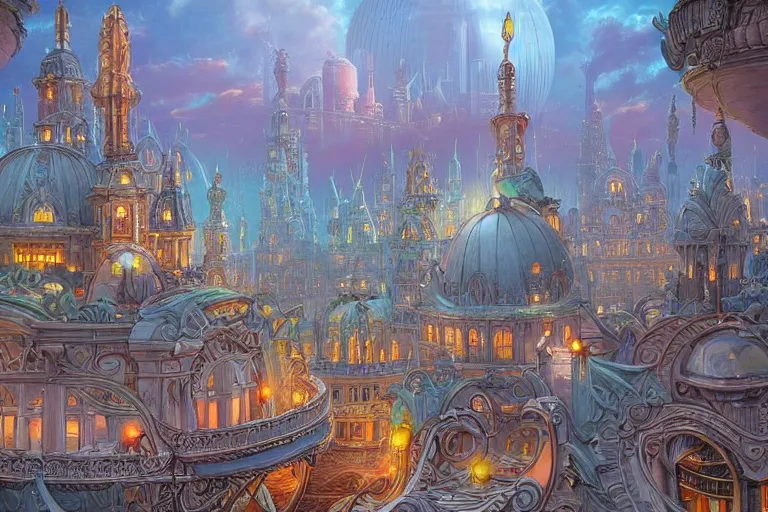 Image similar to Detailed render of Fantasy City built from White Domes by Michael Whelan and Benjamin Lacombe and Megan Duncanson, super details, colorful, ornate background, intricate details