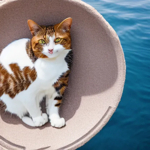 Image similar to a cat laying on an extremely tiny bed in the middle of the ocean, canon eos r 3, f / 1. 4, iso 2 0 0, 1 / 1 6 0 s, 8 k, raw, unedited, symmetrical balance, in - frame