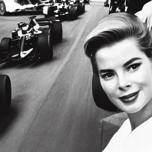 Image similar to selfie smartphone photo of a young Grace Kelly at the Monaco Gran Prix, F1 cars blurred in background, iphone photo, smartphone resolution, trending on instagram, influencer photography