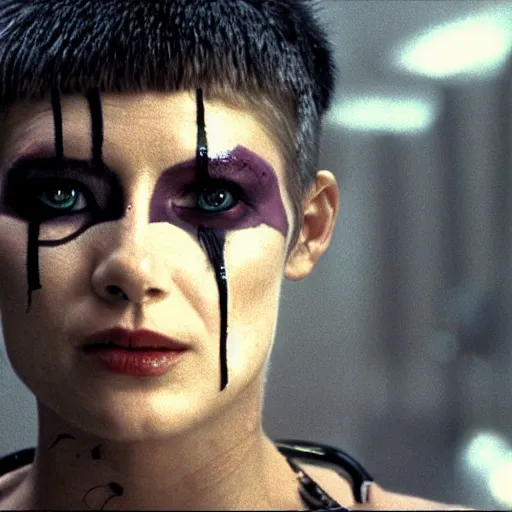 Image similar to cinematic portrait of a runaway cyborg with tribal facepaint in an empty room, still from the movie bladerunner