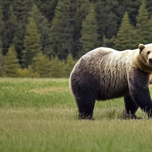 Image similar to a photo of a bear in a field. Jerome Powell is sitting on top of the bear.