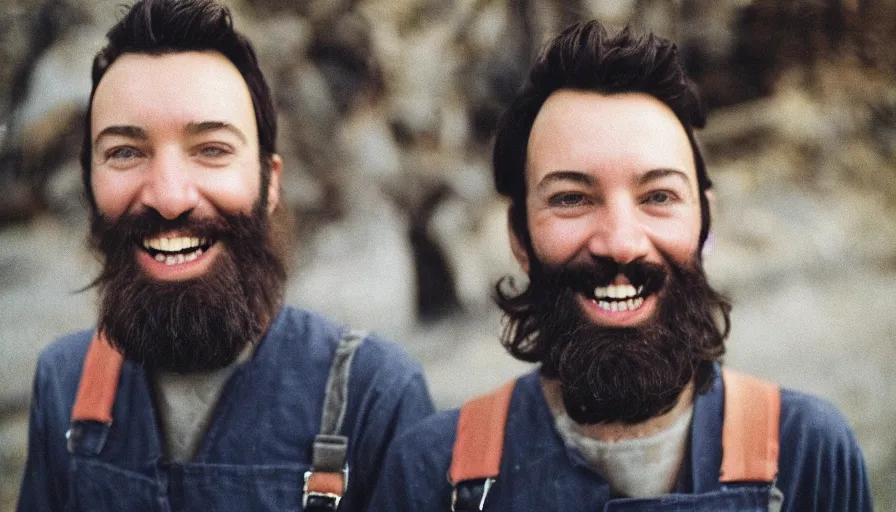 Image similar to far view, extremely skinny malnourished jimmy fallon with long beard, wearing dirty overalls, dirty greasy face, grin, portrait, close up, kodak gold 2 0 0, 5 0 mm,