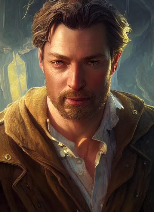 Image similar to Highly detailed portrait of Gabriel Knight, from Sierra adventure game, fantasy art by Greg Rutkowski, Stanley Artgerm, Tom Bagshaw, global illumination, radiant light, detailed and intricate environment