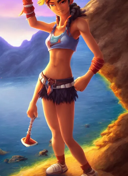Image similar to youthful taliyah, from league of legends, au naturel, surfing a rock, with abs, hyper detailed, mountain background, digital art, trending in artstation, cinematic lighting, studio quality, smooth render, unreal engine 5 rendered, octane rendered, art style by klimt and nixeu and ian sprigger and wlop and krenz cushart