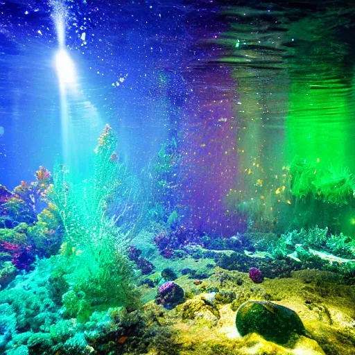 Image similar to bioluminescent, underwater, ocean floor, color field painting, light art, bokeh, wide angle, ultra - wide angle