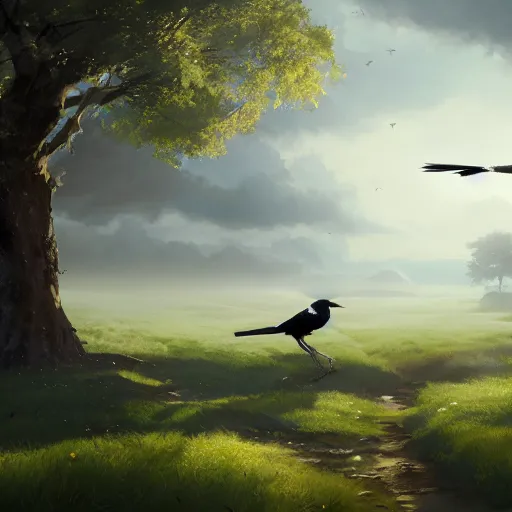 Prompt: magpie bird, urraca in avila, green fields, spring season, 4 k, concept art, by wlop, ilya kuvshinov, artgerm, krenz cushart, greg rutkowski, pixiv. cinematic dramatic atmosphere, sharp focus, volumetric lighting, cinematic lighting, studio quality