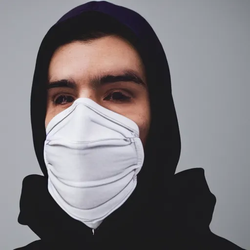 Image similar to person wearing featureless while mask in hoodie, doing weird poses