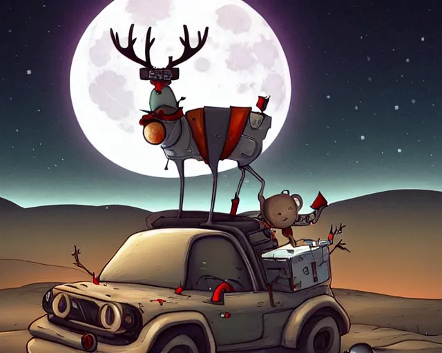 Prompt: a cell shaded cartoon grey mechanized santa + deer robot, with a big head, on a desert road, wide shot, in front of a big moon, muted colors, post grunge, josan gonzales, wlop, by james jean, victor ngai, hq, deviantart, art by artgem