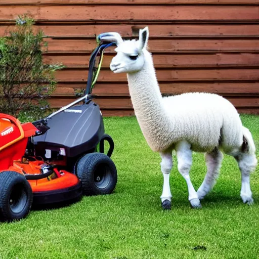 Prompt: llama pushing a lawn mower's handles with its head, mowing the lawn, llama mowing the lawn
