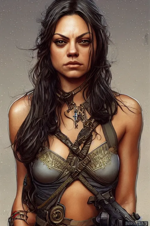 Image similar to tough Mila Kunis as a ruggedly handsome heroine, intricate, elegant, highly detailed, centered, artstation, concept art, smooth, sharp focus, illustration, bokeh art by artgerm and donato giancola and Joseph Christian Leyendecker, WLOP