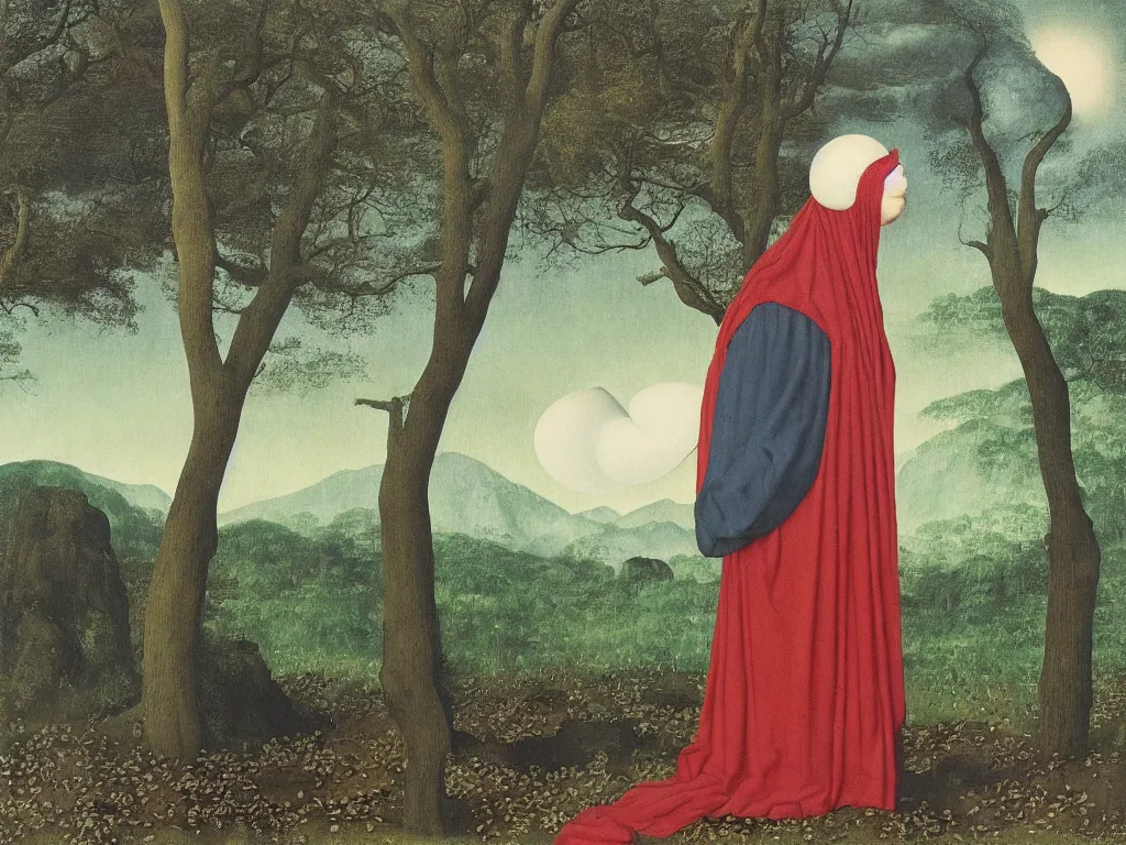 Image similar to Albino mystic with the back turned, with forest landscape flooded by a tsunami, giant wave. Painting by Jan van Eyck, Audubon, Rene Magritte, Agnes Pelton, Max Ernst, Walton Ford