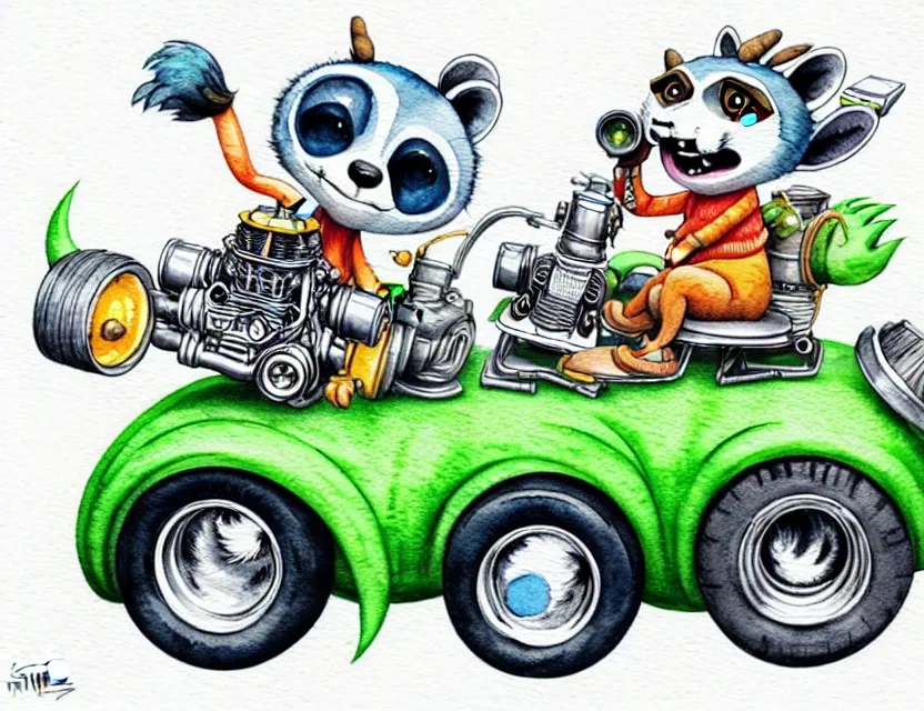 Image similar to cute and funny, racoon riding in a tiny hot rod with oversized engine, ratfink style by ed roth, centered award winning watercolor pen illustration, isometric illustration by chihiro iwasaki, edited by range murata, tiny details by artgerm and watercolor girl, symmetrically isometrically centered