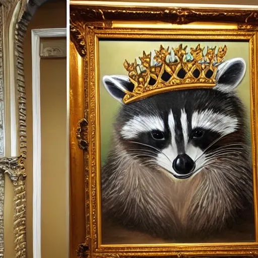 Prompt: a wall in a royal castle. there are two paintings on the wall. the one on the left a detailed oil painting of the royal raccoon king. the one on the right a detailed oil painting of the royal raccoon queen.