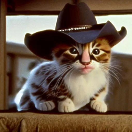 Prompt: film still of the kitten with the cowboy hat on its head in the 1 9 8 0 s american comedy movie, the cats won the west, 4 k