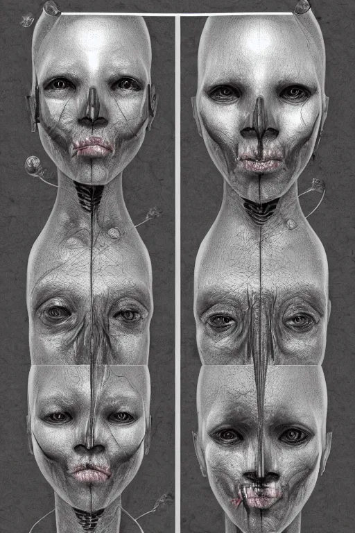 Prompt: african facial anatomy with gunmetal grey skin, medical anatomy, very symmetrical face, highly detailed, three - perspective / three - view reference sheet ( front / back / side ), in the style of dan ouellette, steven jung, amanda lilleston, hr giger, sil from species, dren from splice, mecha, artstation, unreal engine