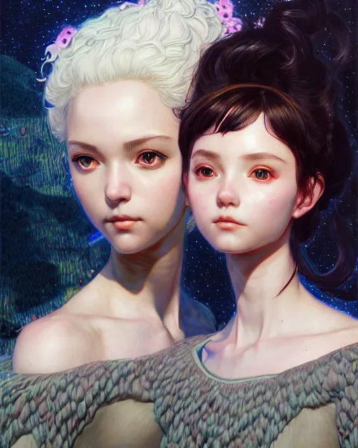 Image similar to portrait of two beautiful cute young maiden girls with short white hairs in warhammer armor, art by ( ( ( kuvshinov ilya ) ) ) and wayne barlowe and gustav klimt and artgerm and wlop