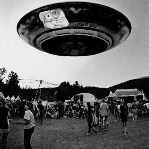 Image similar to a picture of an ufo above an hippie festival in the 6 0's, black and white