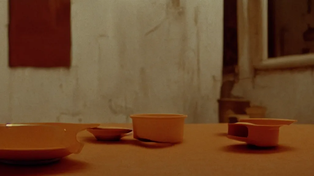 Prompt: an empty cereal bowl sits on a table, film still from the movie directed by Wes Anderson with art direction by Zdzisław Beksiński, wide lens