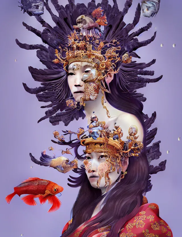 Image similar to 3 d goddess close - up portrait with crown, ram skull. beautiful intricately detailed japanese crow kitsune mask and clasical japanese kimono. betta fish, jellyfish phoenix, bioluminescent, plasma, ice, water, wind, creature, artwork by tooth wu and wlop and beeple and greg rutkowski