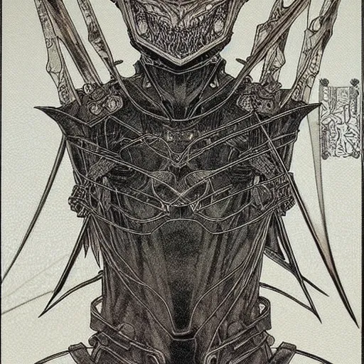 Image similar to prompt: Fragile looking vessel portrait soft light drawn by Takato Yamamoto, inspired by Fables, black ancient chrome knight armor, magical and alchemical weapons, soft light, white background, intricate detail, intricate oil painting detail, sharp high detail, manga and anime 2000